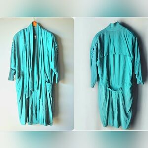 Vintage 80s Teal Long Open Duster Top Womens S Dolman Oversized Slouchy Retro